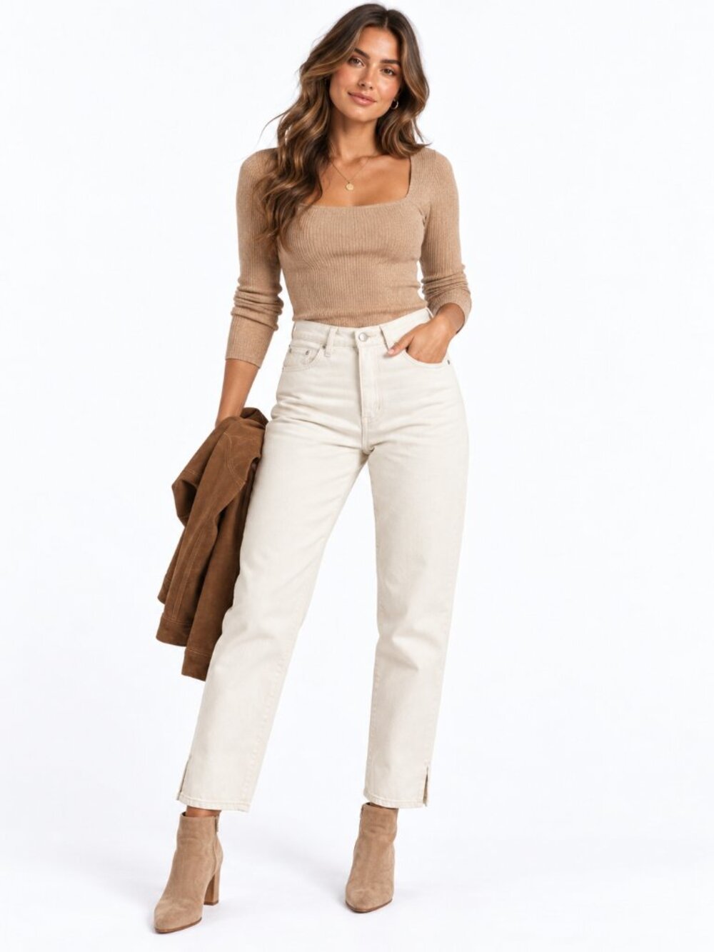 MESHKI Millicent Ecru Mom Jeans High Rise Straight Leg Rigid Denim Ankle Slit 24
